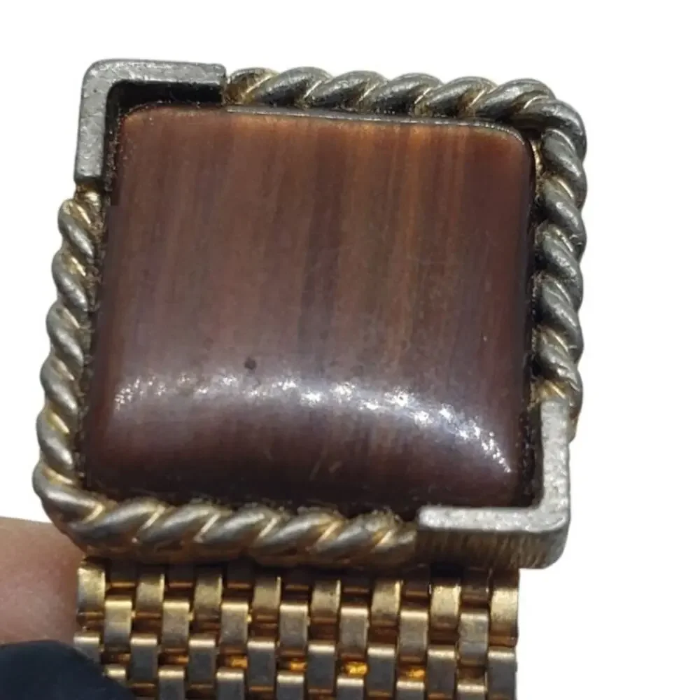 Vintage Cufflinks 1950 Mesh Wrap Gold Plated Lucite Faux Wood Tie Bar Cuff Links